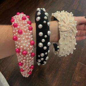 Elegant Pearl Embellished Headbands - Pink, Black, Cream